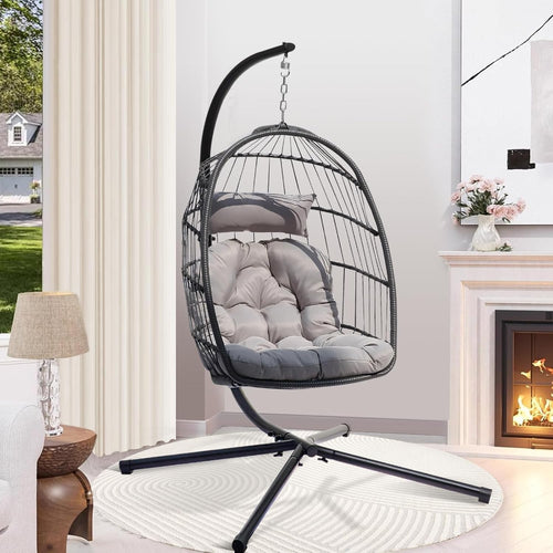 Foldable Rattan Swing Chair with Stand and Cushion for Indoor - Kwikley