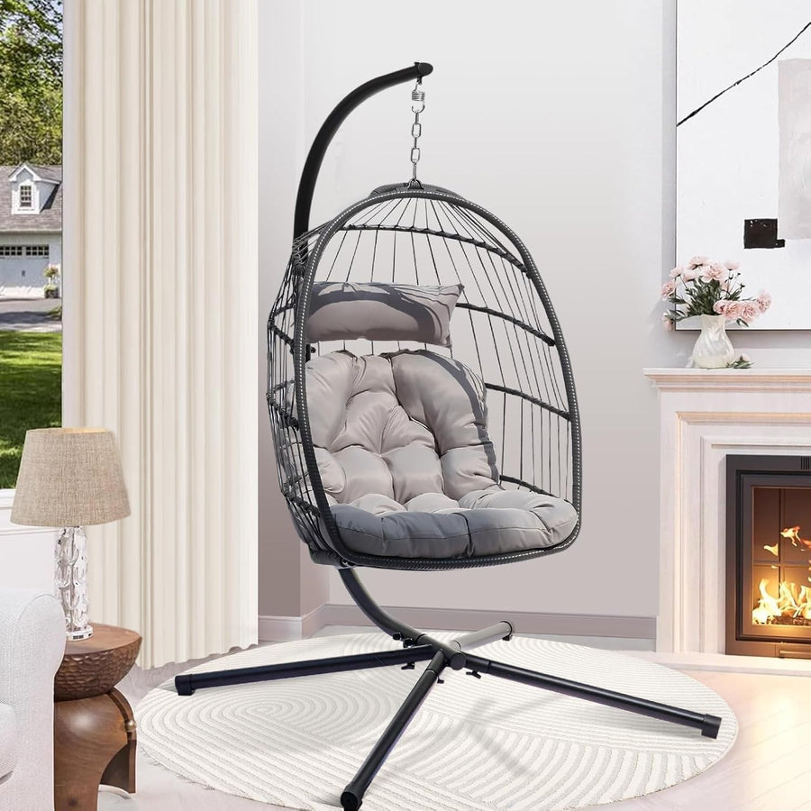 Foldable Rattan Swing Chair with Stand and Cushion for Indoor - Kwikley