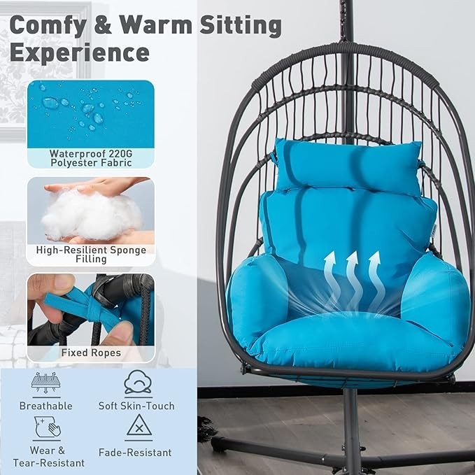 Foldable Rattan Swing Egg Chair with Cushion & Stand – Indoor Outdoor Relaxation - Kwikley