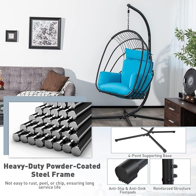 Foldable Rattan Swing Egg Chair with Cushion & Stand – Indoor Outdoor Relaxation - Kwikley