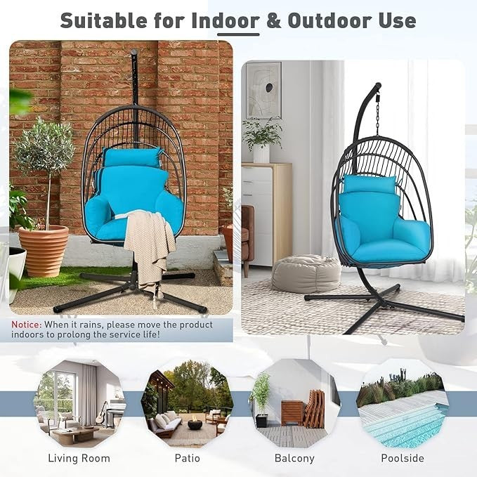 Foldable Rattan Swing Egg Chair with Cushion & Stand – Indoor Outdoor Relaxation - Kwikley