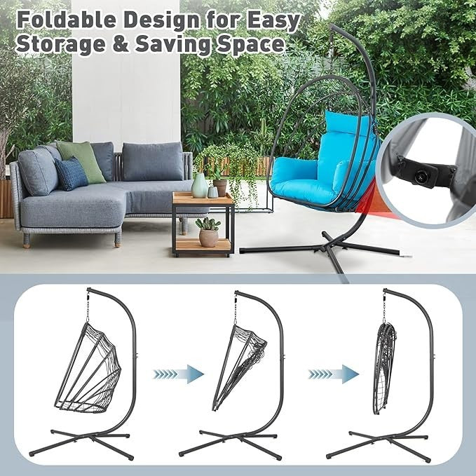 Foldable Rattan Swing Egg Chair with Cushion & Stand – Indoor Outdoor Relaxation - Kwikley