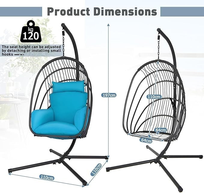 Foldable Rattan Swing Egg Chair with Cushion & Stand – Indoor Outdoor Relaxation - Kwikley