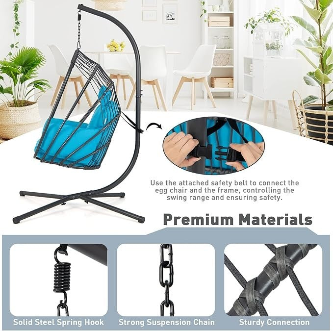 Foldable Rattan Swing Egg Chair with Cushion & Stand – Indoor Outdoor Relaxation - Kwikley