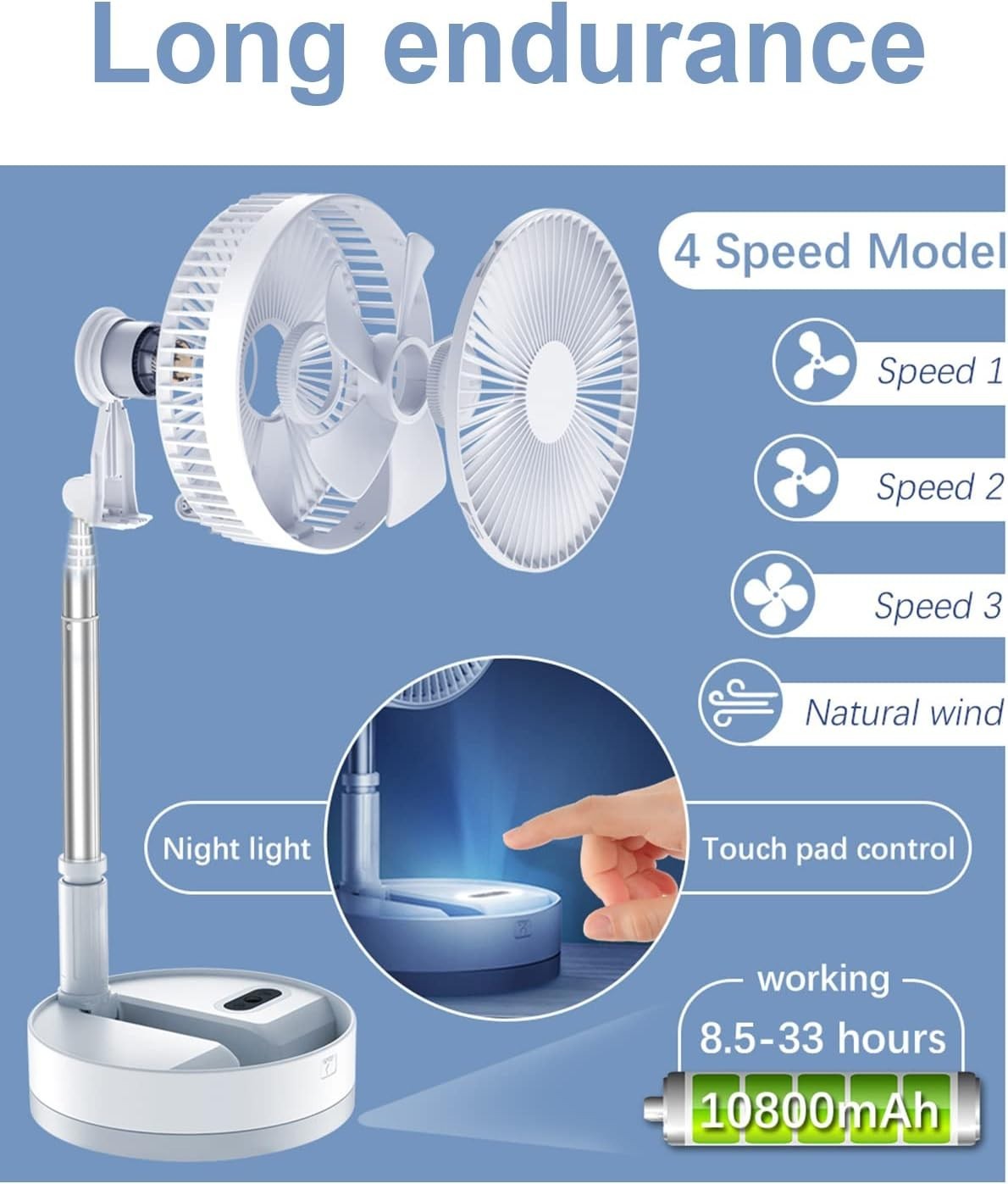 Foldable Rechargeable Fan 10800mAh – 4 - Speed Portable Timer Floor Desk Fan White - Kwikley