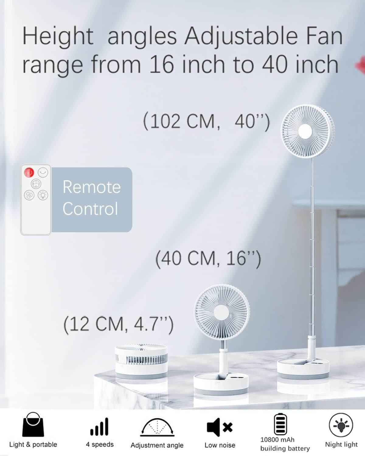 Foldable Rechargeable Fan 10800mAh – 4 - Speed Portable Timer Floor Desk Fan White - Kwikley