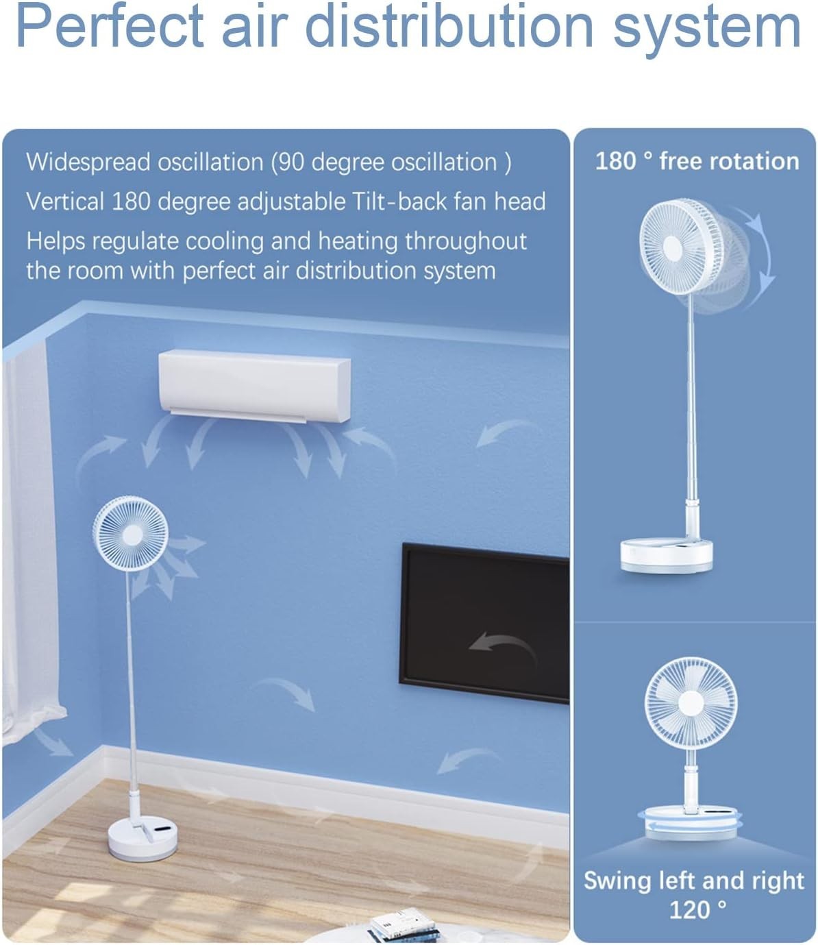 Foldable Rechargeable Fan 10800mAh – 4 - Speed Portable Timer Floor Desk Fan White - Kwikley