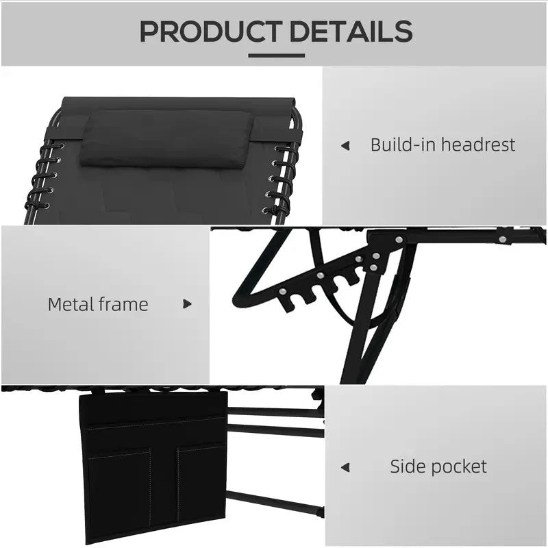 Foldable Reclining Sun Lounger Set 2 Padded Chair 5 - Position Outdoor Black - Kwikley