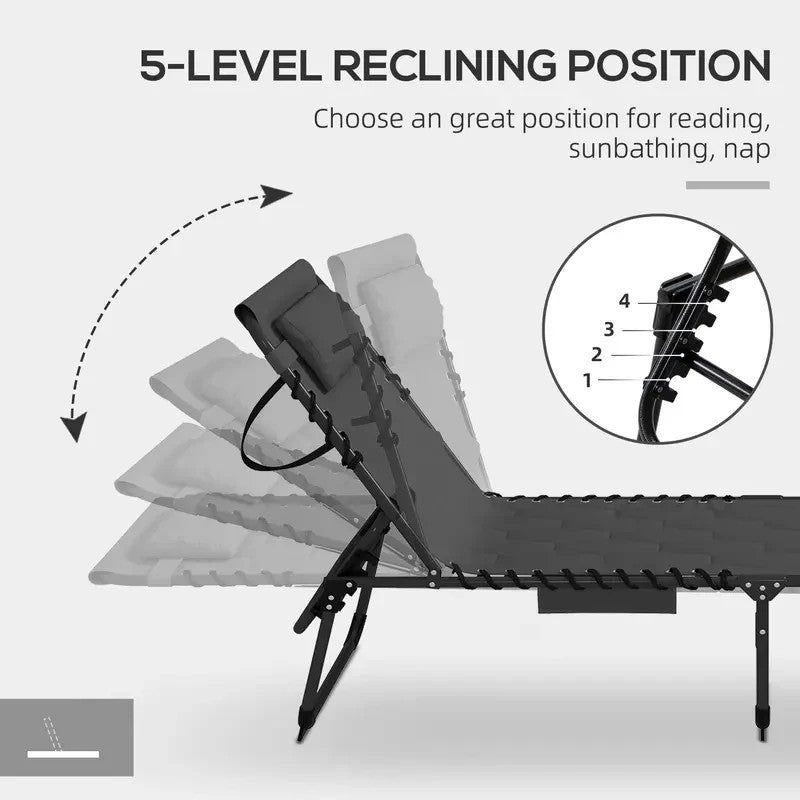 Foldable Reclining Sun Lounger Set 2 Padded Chair 5 - Position Outdoor Black - Kwikley