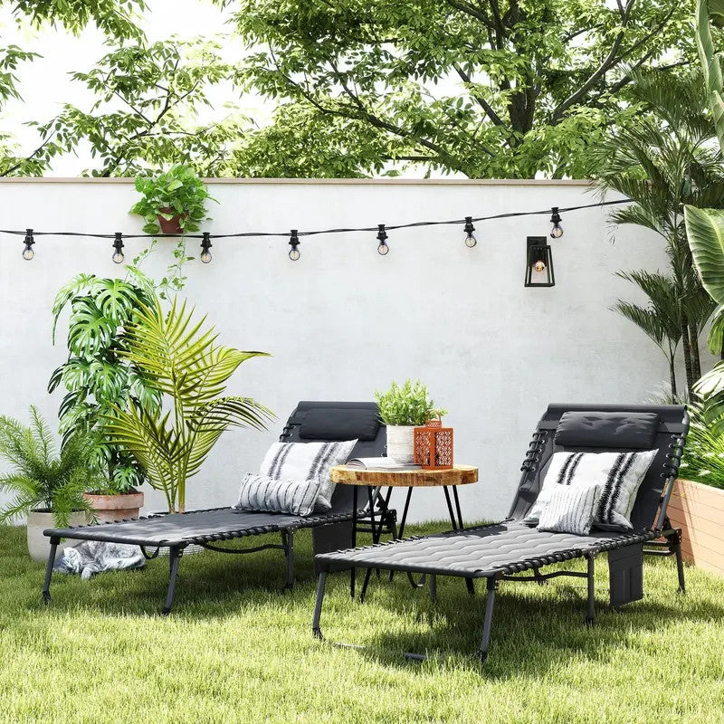 Foldable Reclining Sun Lounger Set 2 Padded Chair 5 - Position Outdoor Black - Kwikley