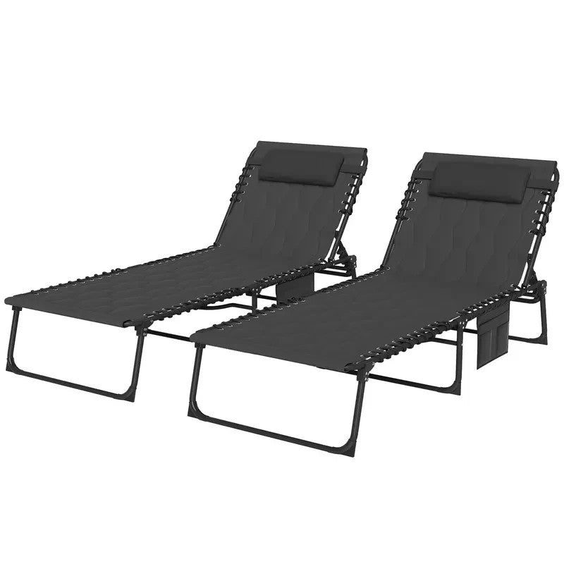 Foldable Reclining Sun Lounger Set 2 Padded Chair 5 - Position Outdoor Black - Kwikley