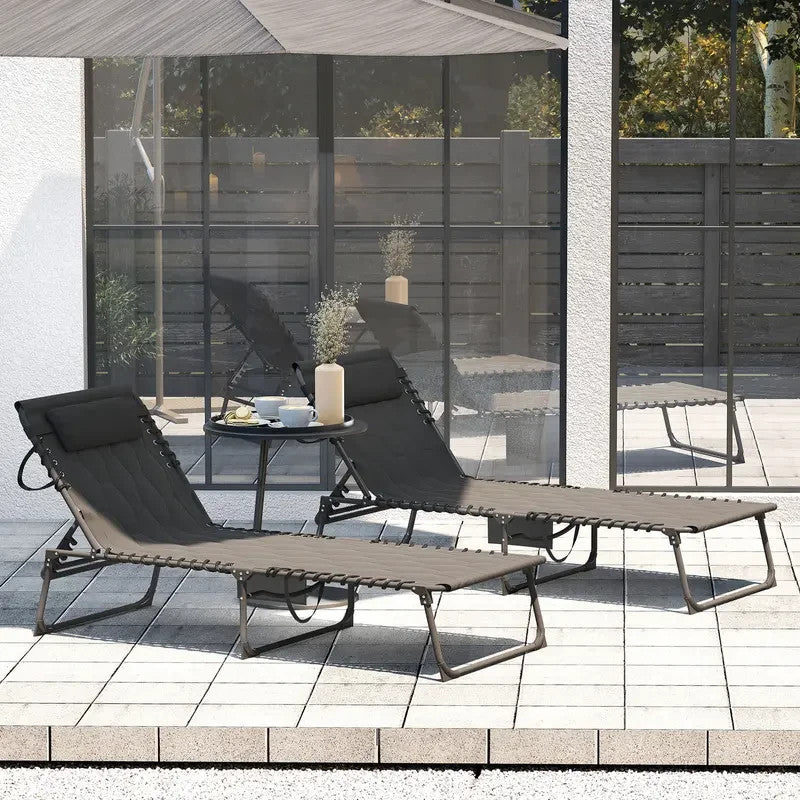 Foldable Reclining Sun Lounger Set 2 Padded Chair 5 - Position Outdoor Black - Kwikley
