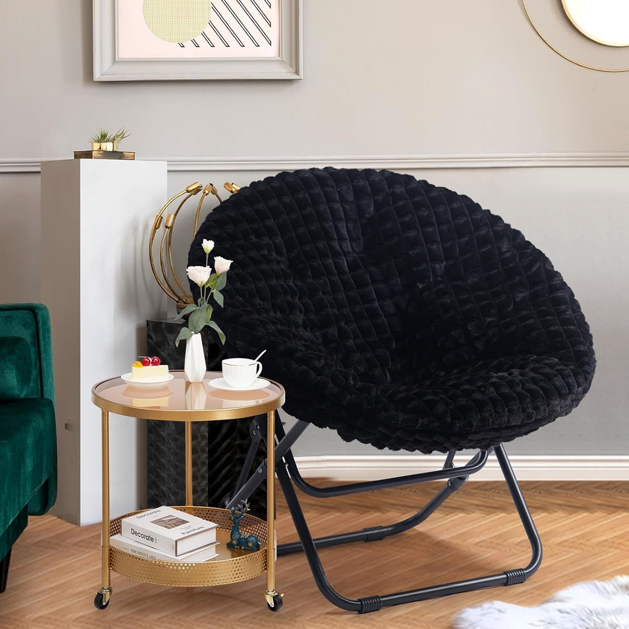 Foldable Saucer Chair Plush Faux Fur Armchair Portable Cozy Living Room Seat - Kwikley
