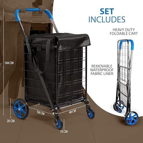 Foldable Shopping Trolley 50kg Capacity 360° Swivel Wheels Waterproof Liner - Kwikley