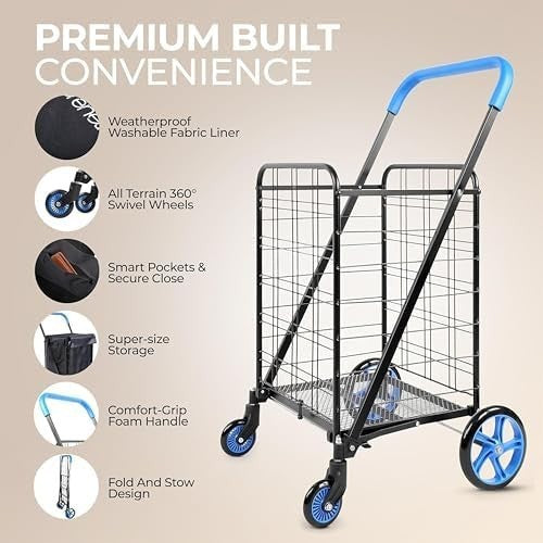Foldable Shopping Trolley 50kg Capacity 360° Swivel Wheels Waterproof Liner - Kwikley