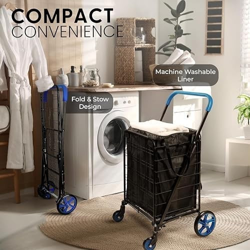 Foldable Shopping Trolley 50kg Capacity 360° Swivel Wheels Waterproof Liner - Kwikley
