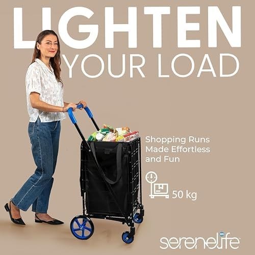Foldable Shopping Trolley 50kg Capacity 360° Swivel Wheels Waterproof Liner - Kwikley
