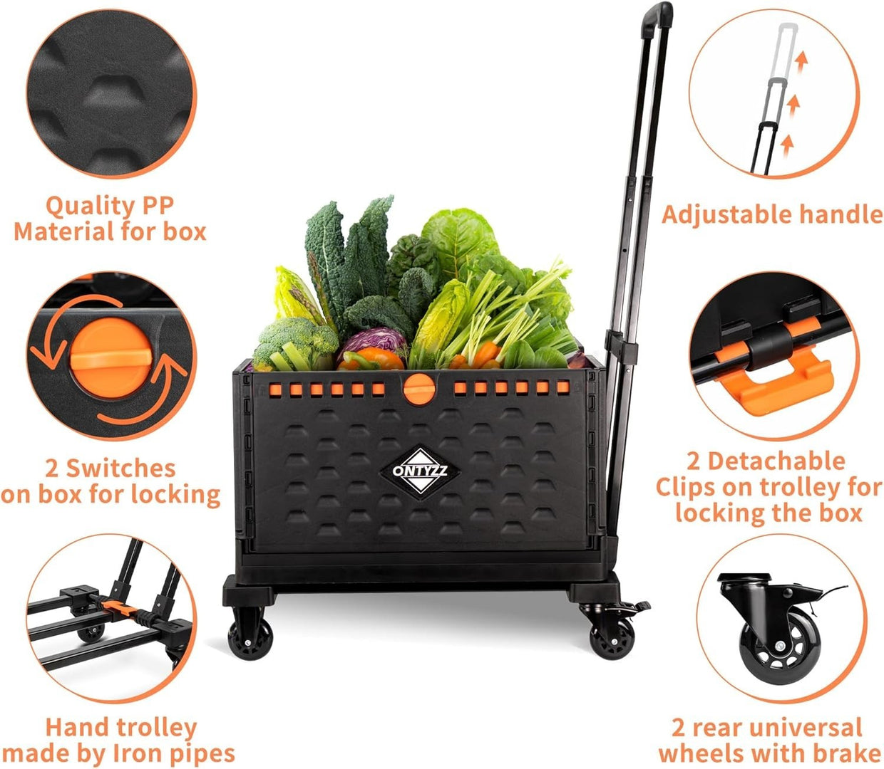 Foldable Shopping Trolley Utility Cart with Removable Storage Box 60L Heavy Duty - Kwikley