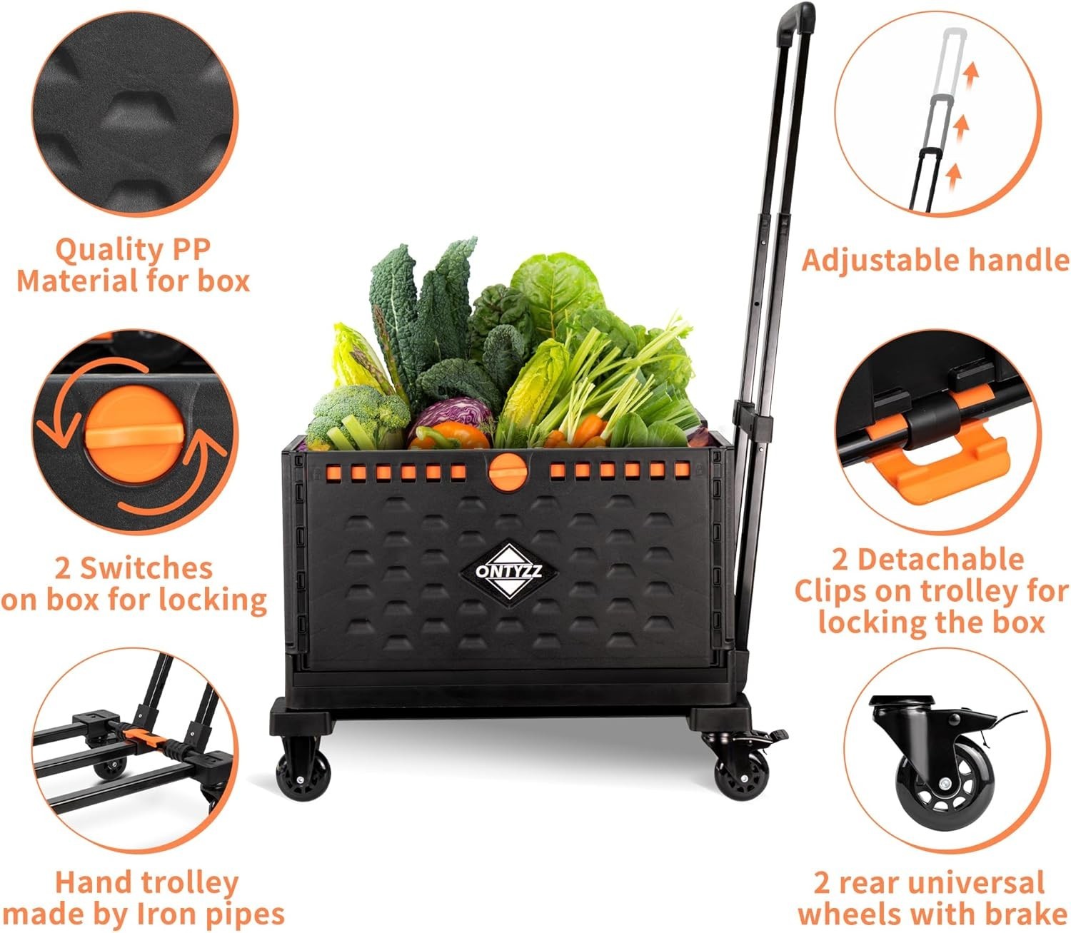 Foldable Shopping Trolley Utility Cart with Removable Storage Box 60L Heavy Duty - Kwikley