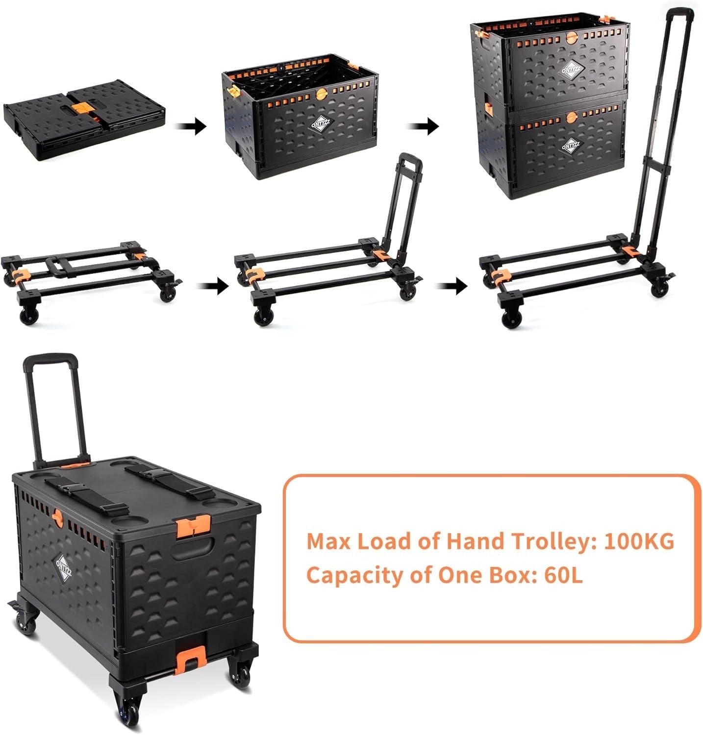 Foldable Shopping Trolley Utility Cart with Removable Storage Box 60L Heavy Duty - Kwikley