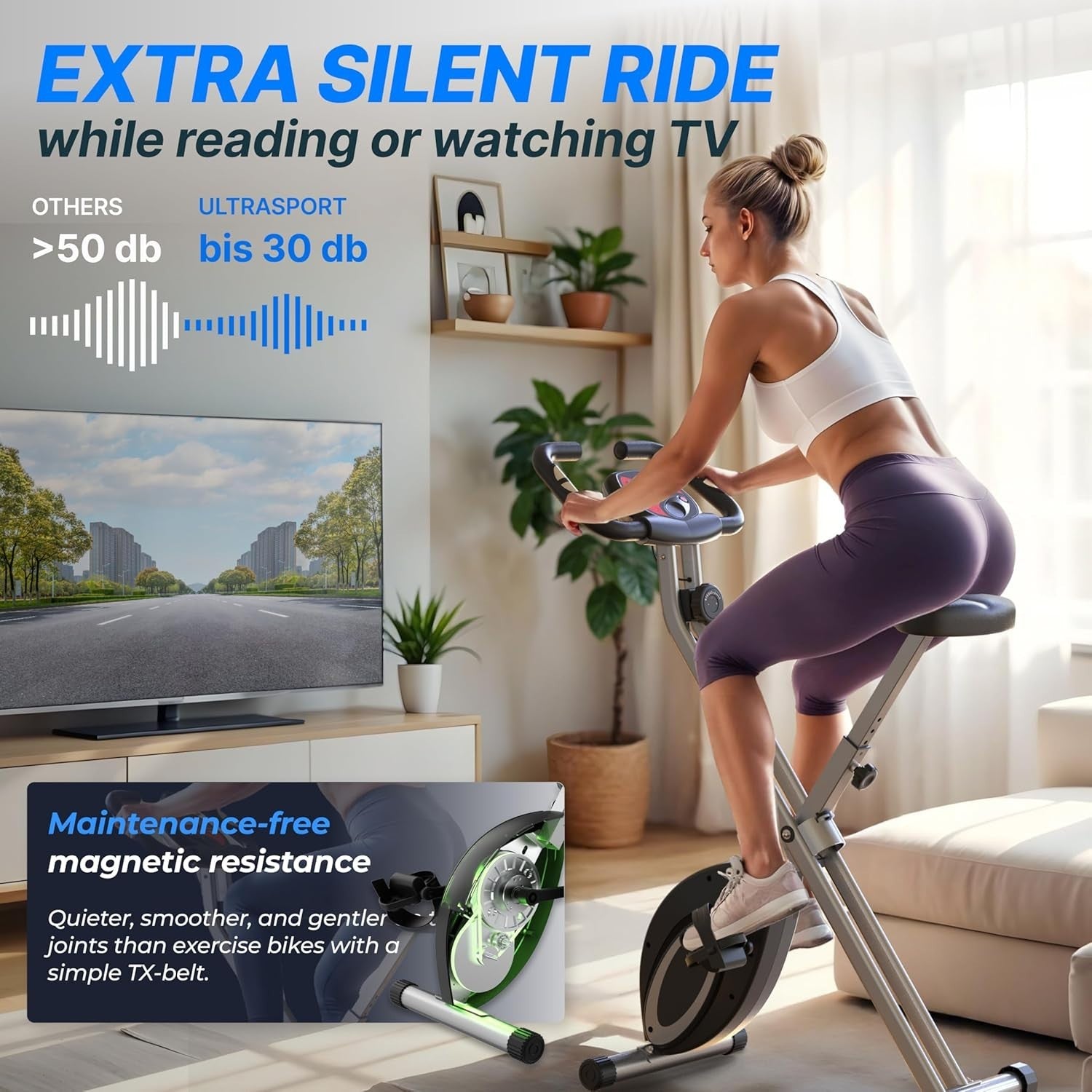 Foldable Silent Exercise Bike w/ LCD Display, Pulse Sensors & 8 Resistance Level - Kwikley