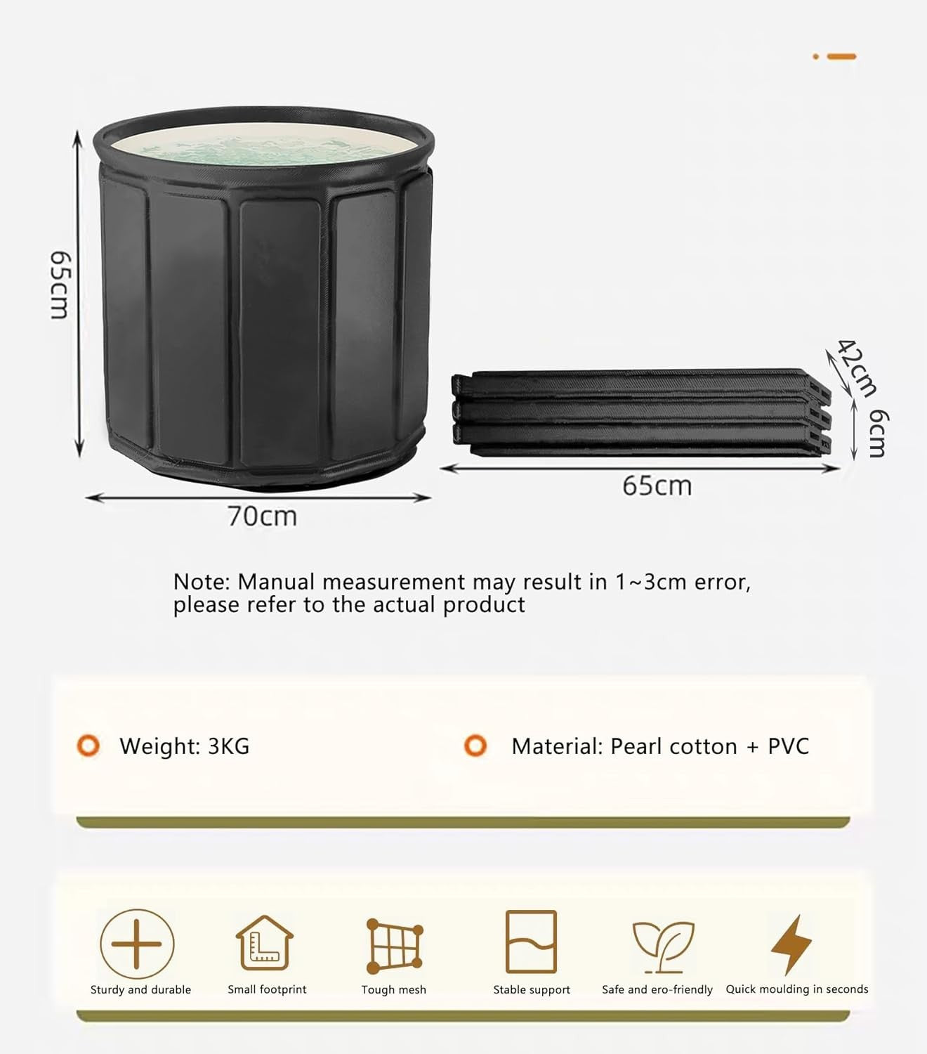 Foldable Soaking Bathtub 70x65cm Black Portable Ice & Spa Tub Adults - Kwikley