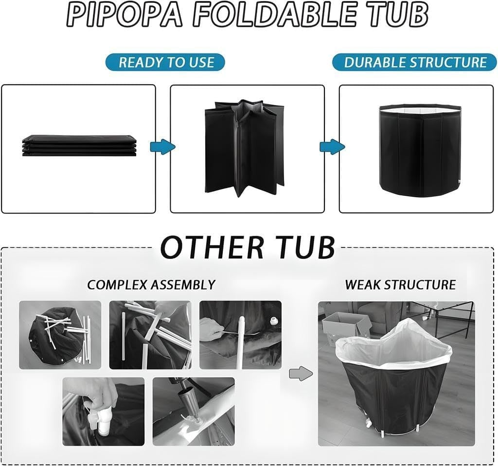 Foldable Soaking Bathtub 70x65cm Black Portable Ice & Spa Tub Adults - Kwikley