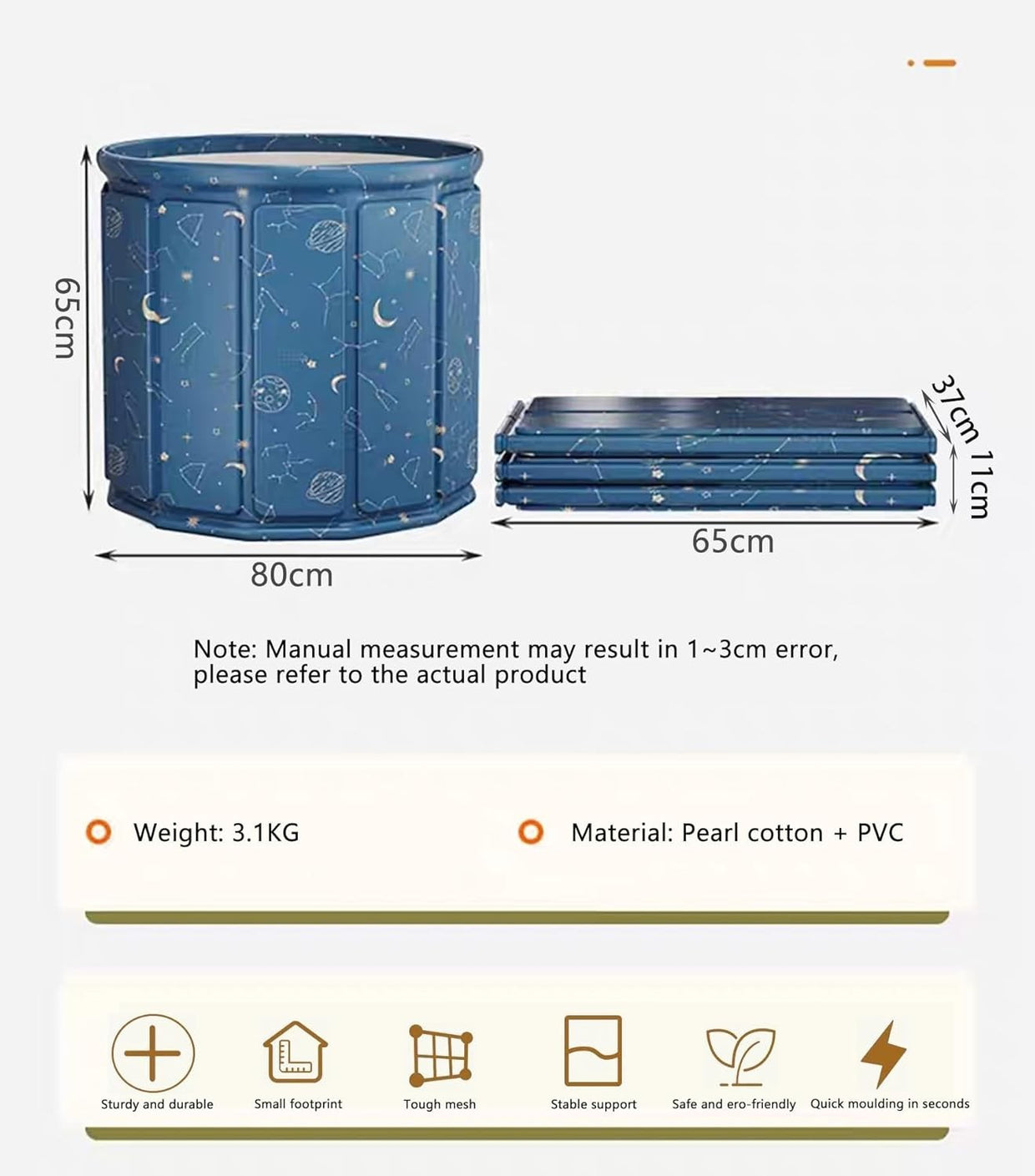 Foldable Soaking Bathtub 80x80cm Planet Blue Portable Ice & Spa Tub Adults - Kwikley