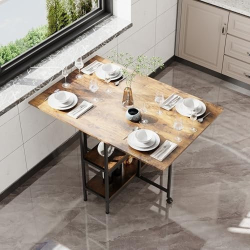 Foldable Space Saving Dining Table with Storage Shelf & Wheels for Small Rooms - Kwikley