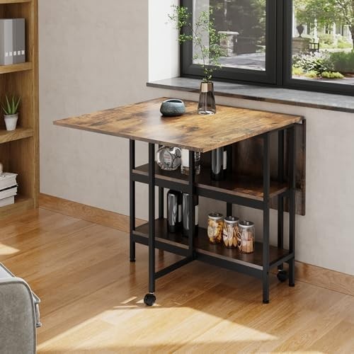 Foldable Space Saving Dining Table with Storage Shelf & Wheels for Small Rooms - Kwikley