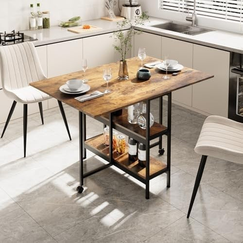 Foldable Space Saving Dining Table with Storage Shelf & Wheels for Small Rooms - Kwikley