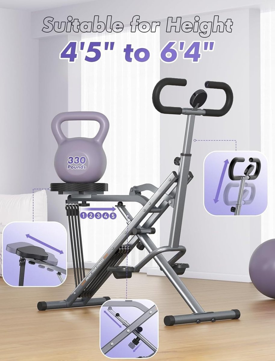 Foldable Squat & Rowing Machine w Adjustable Resistance Bands Home - Kwikley