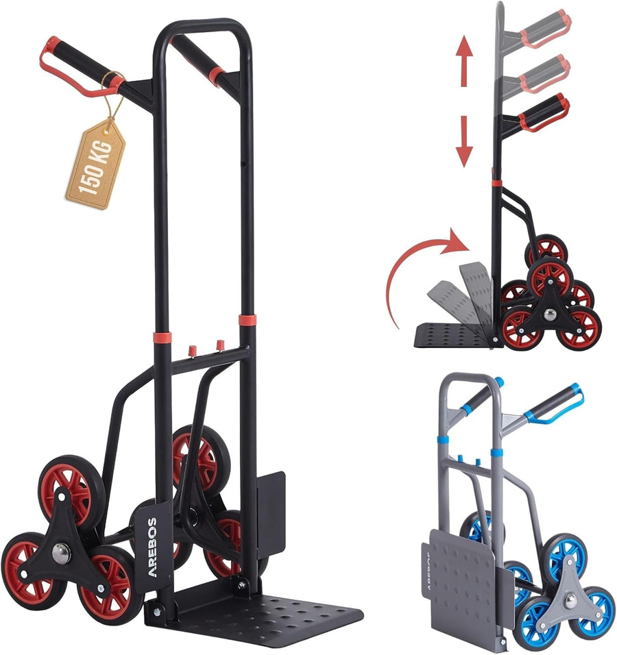 Foldable Stair Climber Sack Truck 150kg Steel Frame Adjustable Handle Black - Kwikley