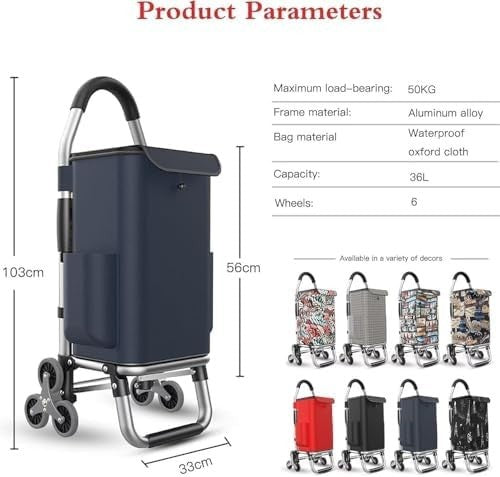 Foldable Stair Climber Shopping Cart 36L 3 - Wheel Silent Triangle Wheels 50kg - Kwikley