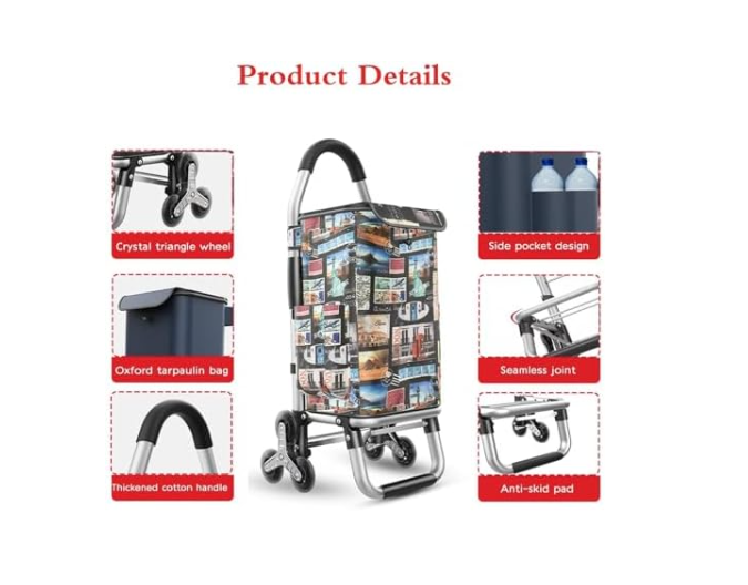 Foldable Stair Climber Shopping Cart 6 - Wheel Waterproof Aluminum 36L - Kwikley