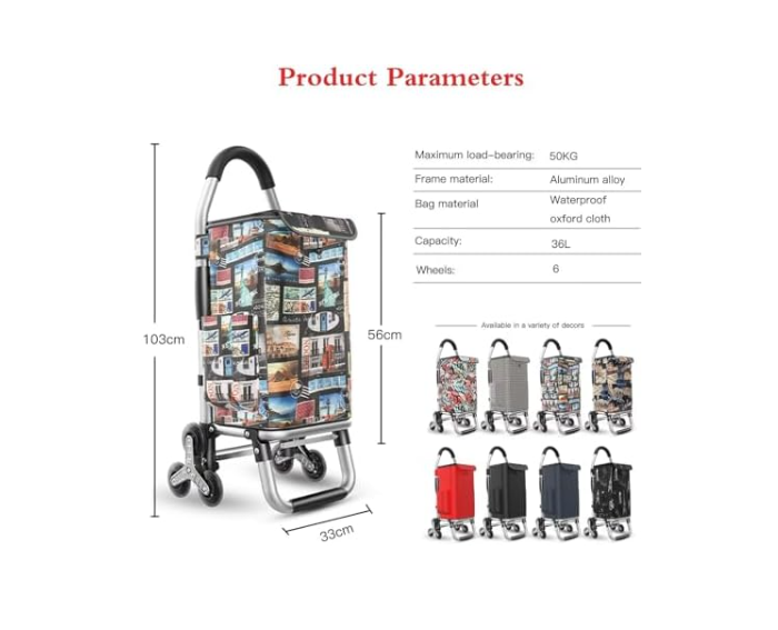 Foldable Stair Climber Shopping Cart 6 - Wheel Waterproof Aluminum 36L - Kwikley