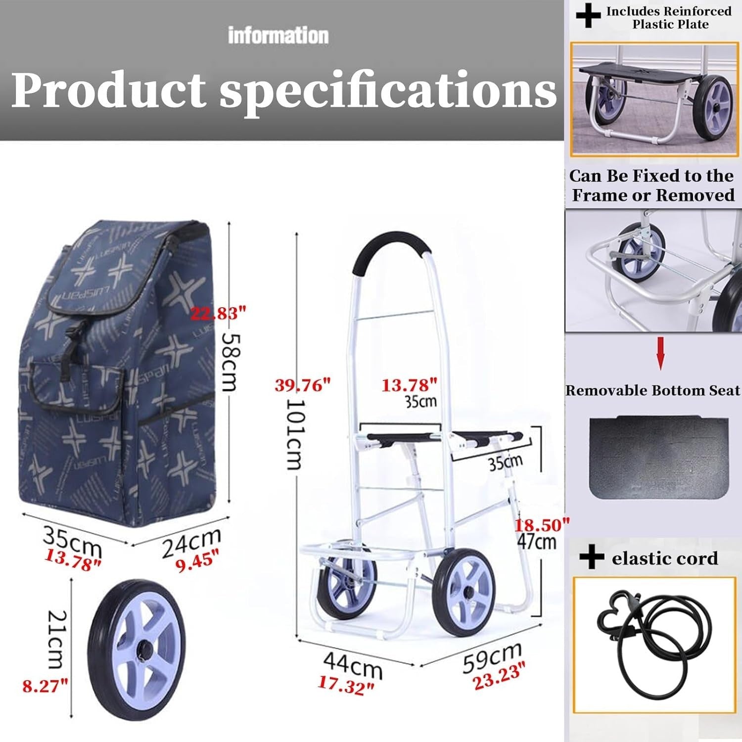 Foldable Stair Climber Shopping Trolley w/ Seat 100kg Capacity Lightweight Cart - Kwikley