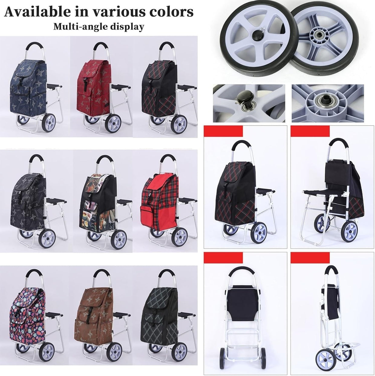Foldable Stair Climber Shopping Trolley w/ Seat 100kg Capacity Lightweight Cart - Kwikley