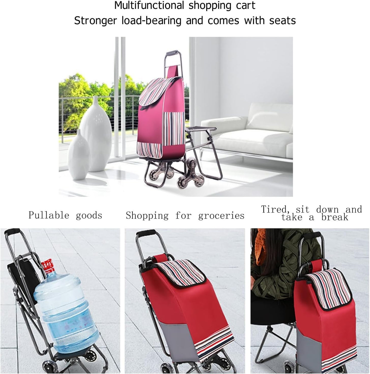 Foldable Stair Climber Shopping Trolley w/ Seat Waterproof Bag Heavy Duty - Kwikley