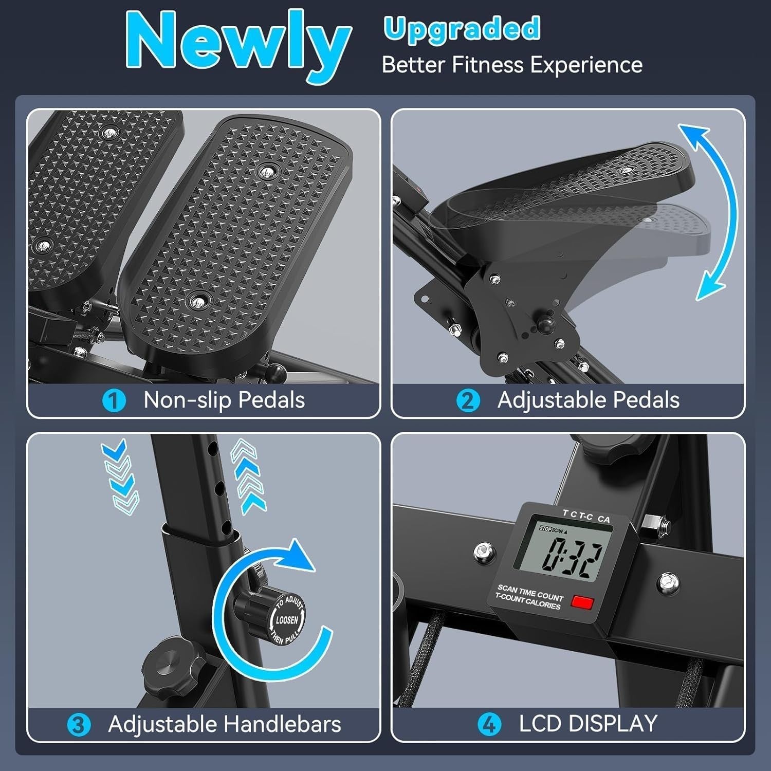 Foldable Stair Climber w/ Adjustable Incline, Large Pedals & LCD Fitness Tracker - Kwikley