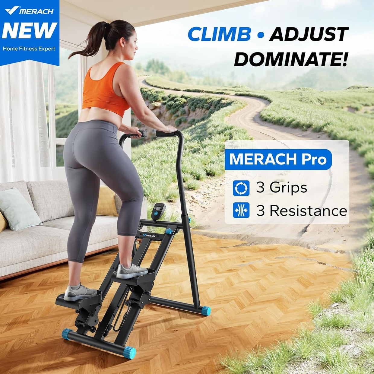 Foldable Stair Climber w/ LCD Monitor, 3 Resistance Levels & Extended Step Range - Kwikley