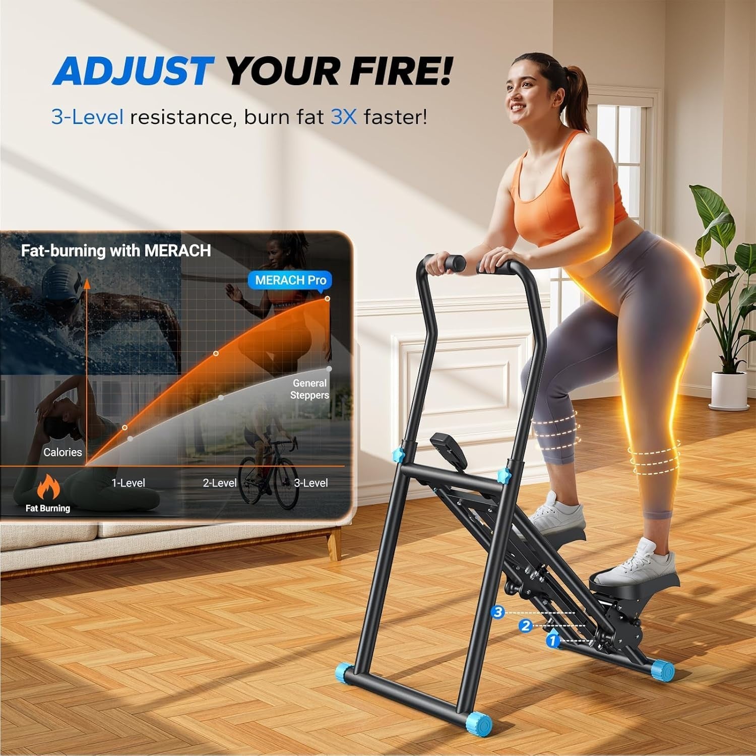 Foldable Stair Climber w/ LCD Monitor, 3 Resistance Levels & Extended Step Range - Kwikley