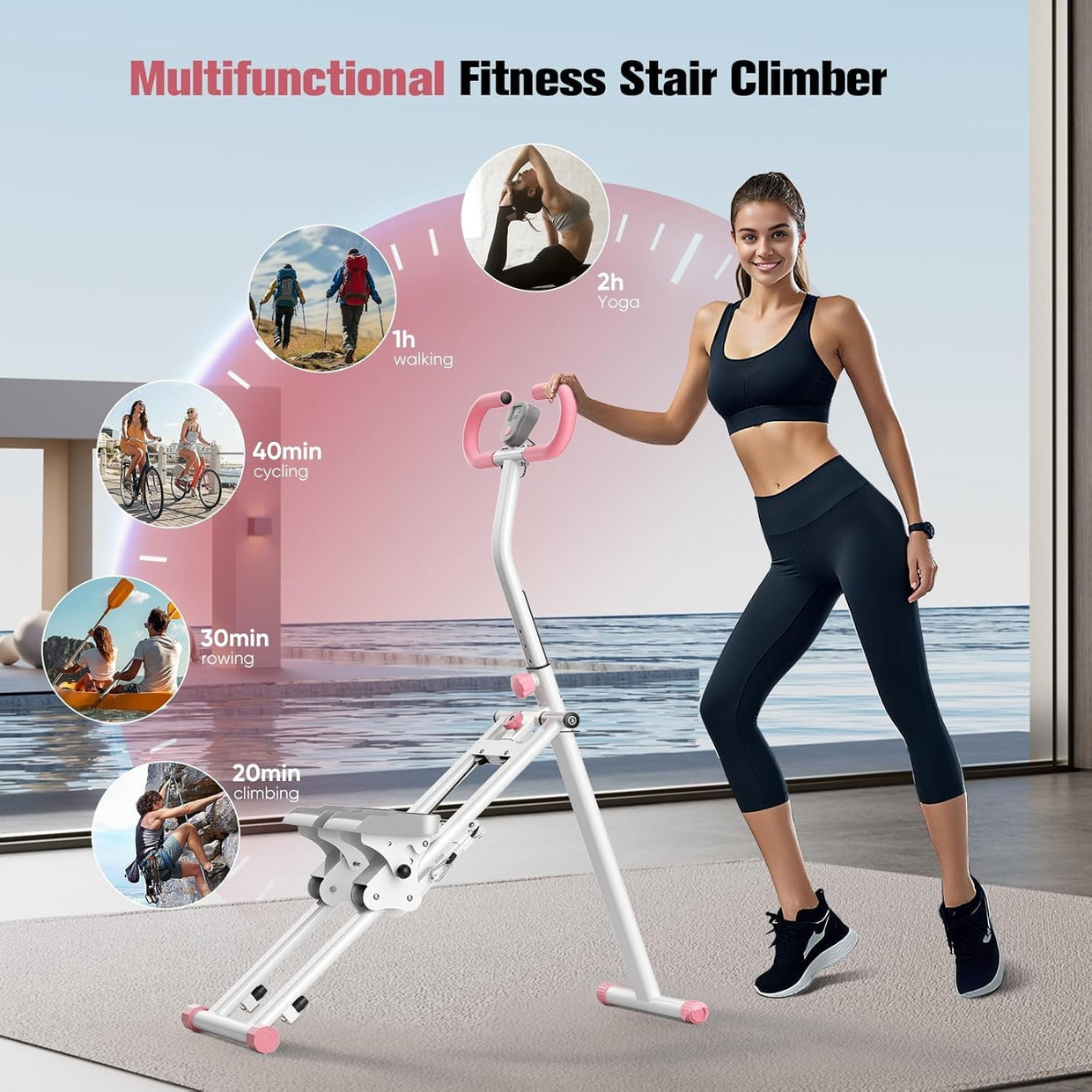 Foldable Stair Stepper Climber 2025 Adjustable Handrails Pedals Home Cardio - Kwikley