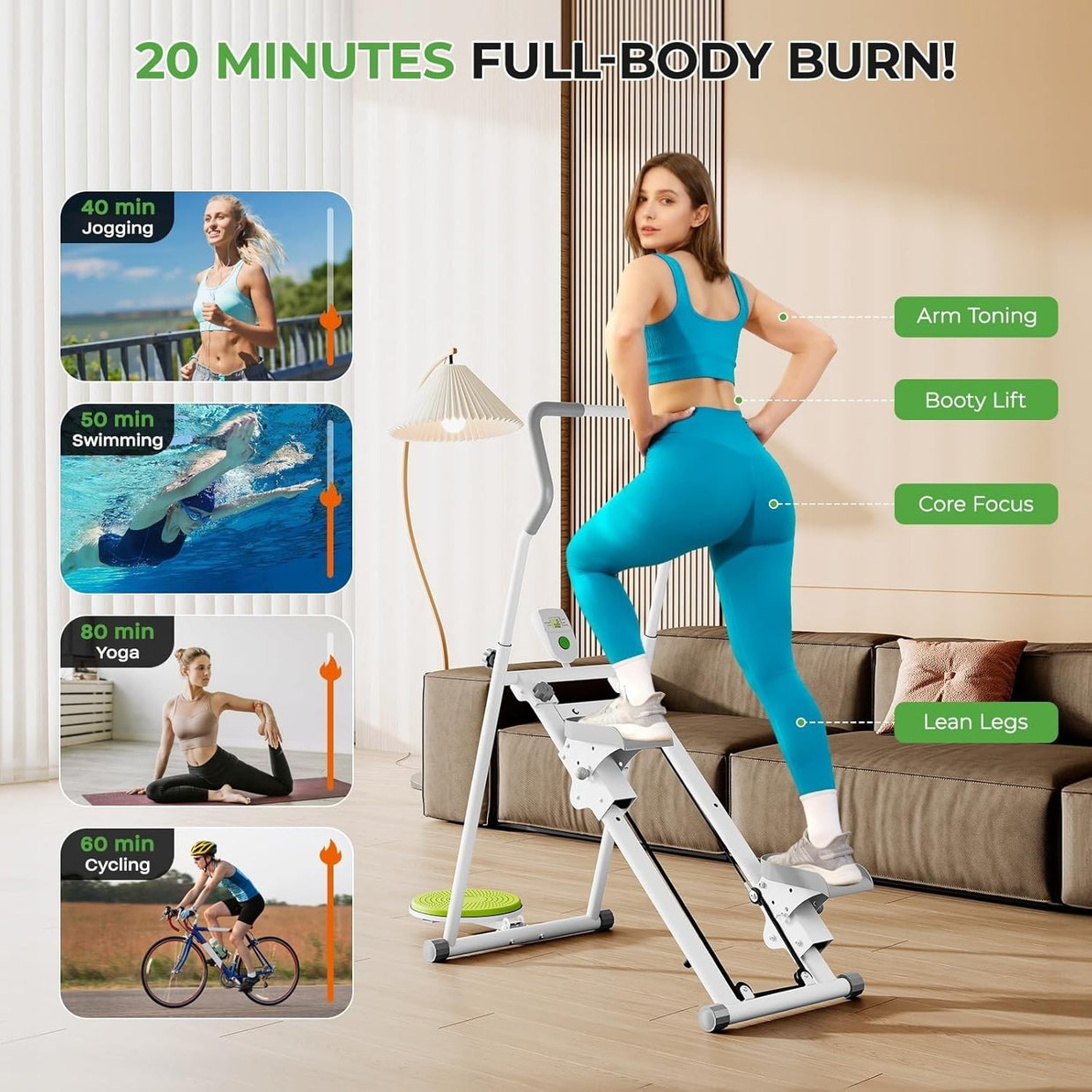 Foldable Stair Stepper Climber LCD Adjustable Pedals Handlebar w/ Twist Plate - Kwikley