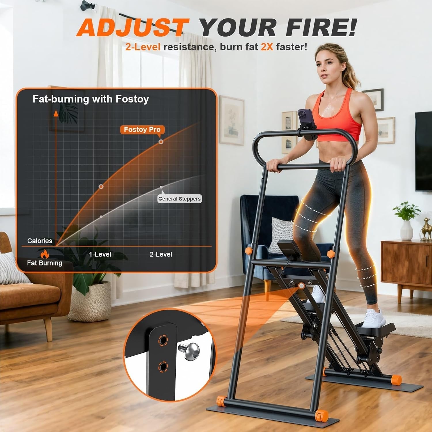 Foldable Stair Stepper for Home w/ Adjustable Resistance & Height, 140kg - Kwikley