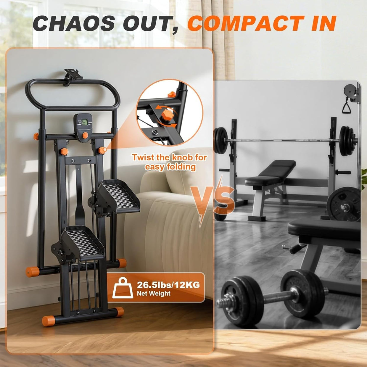 Foldable Stair Stepper for Home w/ Adjustable Resistance & Height, 140kg - Kwikley