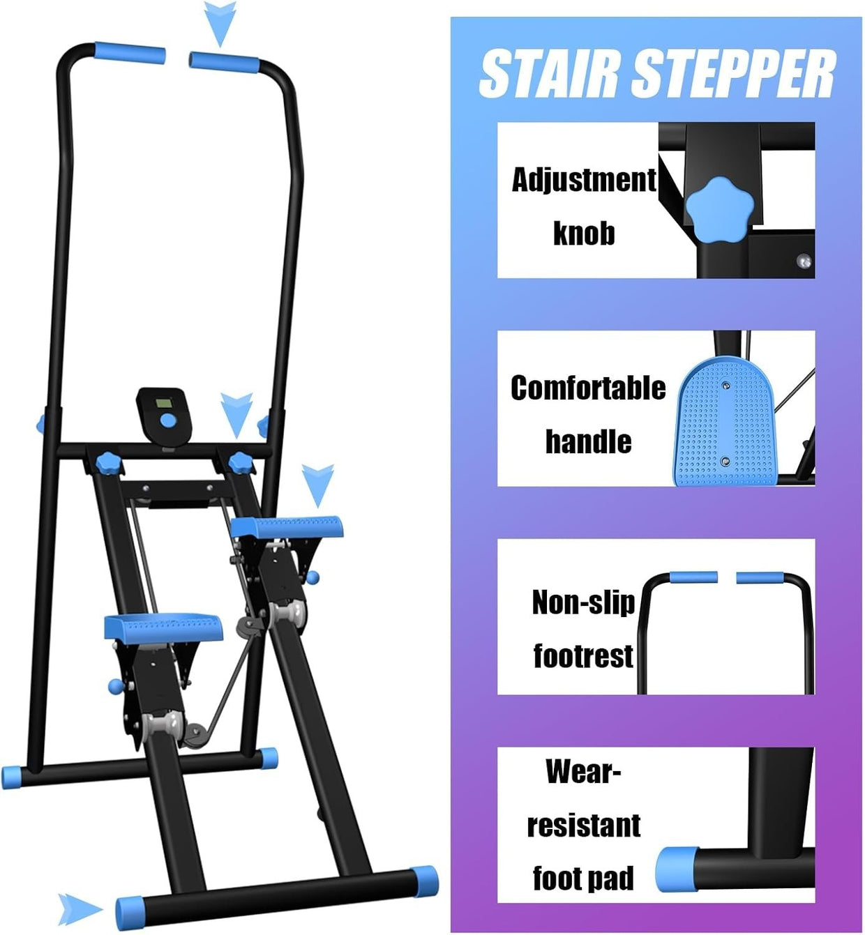 Foldable Stair Stepper for Home w/ Adjustable Speed & Handle, 300lbs Capacity - Kwikley