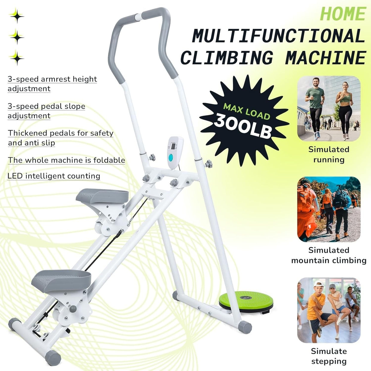 Foldable Stair Stepper Vertical Climber LCD Adjustable Handles Pedals 150kg - Kwikley