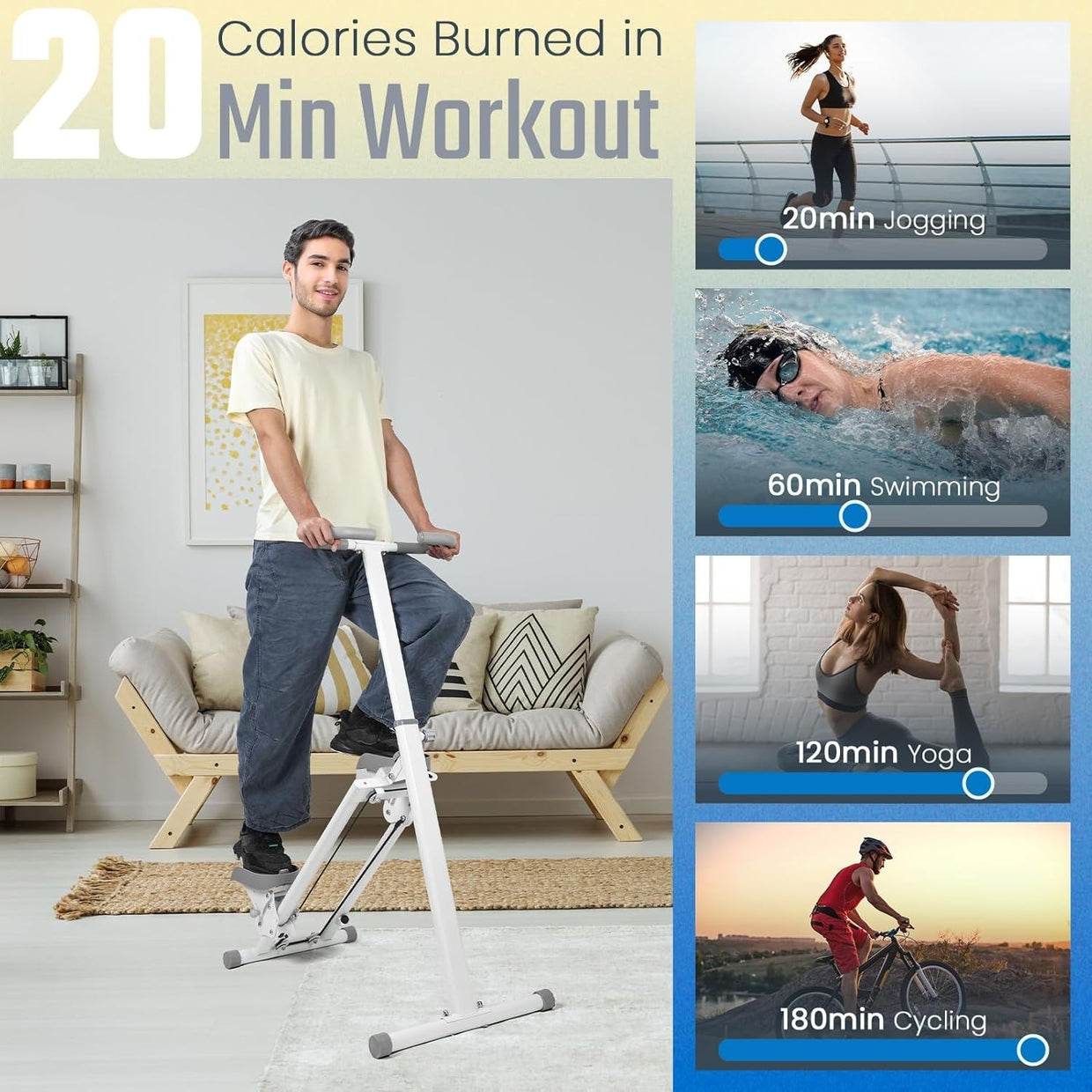 Foldable Stair Stepper Vertical Climber LCD Adjustable Pedals Handlebar 120kg - Kwikley