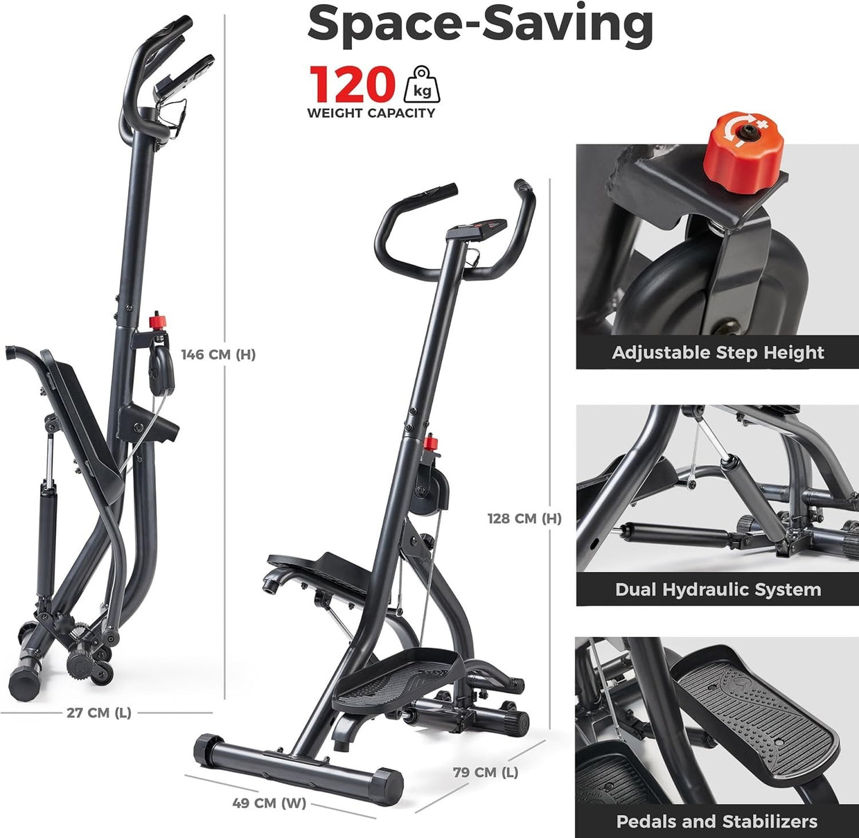 Foldable Stair Stepper w/ Adjustable Height, LCD Monitor & Heart Rate - Kwikley